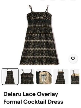 Delaru formal dress black lace floral size 10 NWT beige under strapless …